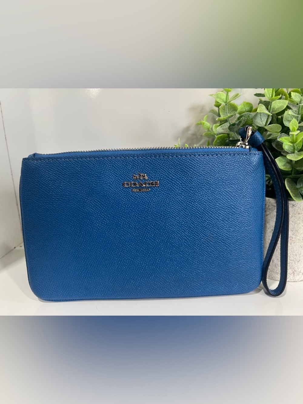 Coach Royal Blue Leather Zip Pouch with Silver Logo with COA